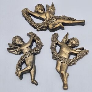 Vintage SYROCO Gold Dusted Cherub Angel Set w/ Flower Lei Wall Hanging Art #3081